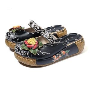SOCOFY Handmade Genuine Leather Floral Platform Clogs Sandals Size 41 US 10 Boho